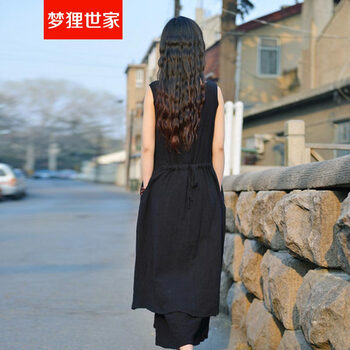 梦狸世家 2016夏季新款森女系棉麻连衣裙女 宽松亚麻长裙 8011 黑色 L