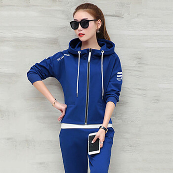 bylure运动套装秋季新款休闲长袖纯色开衫连帽印花三件套女装 蓝色 l