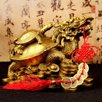 风水纯铜龙龟摆件八卦龙头龟母子龙龟挂件旺事业 五寸驮官帽龙龟