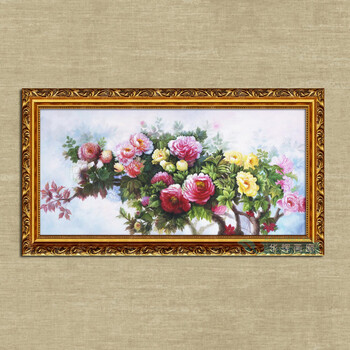 简约家居客厅卧室装饰挂画仿真工笔手绘油画别墅沙发背景画牡丹花sn