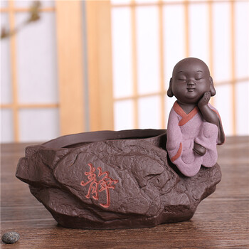 茶宠摆件多肉花盆侍女 小和尚精品摆件茶玩茶具配件 沉思小和尚花器
