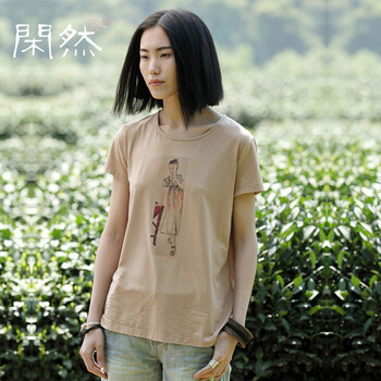 
                                        闲然 2019夏装新款女装文艺范宽松棉T恤印花针织圆领短袖女t恤 夏 卡其色 S (155/80A)                