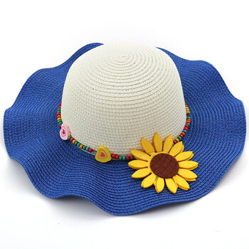 太阳花子帽田园向日葵儿童草帽遮阳帽沙滩帽 宝蓝色 儿童款