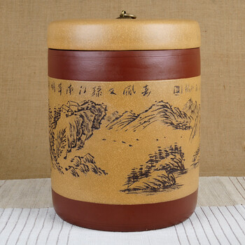 谱茗-铜扣山水紫砂茶叶罐 普洱储茶醒茶罐 茶缸十二饼装
