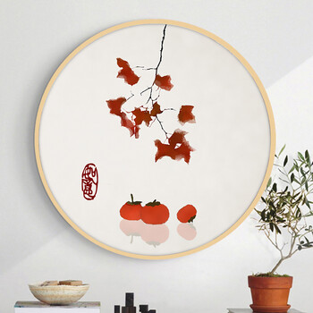 新中式装饰画客厅实木圆框餐厅卧室挂画书房玄关墙画 单个18霜降 直径