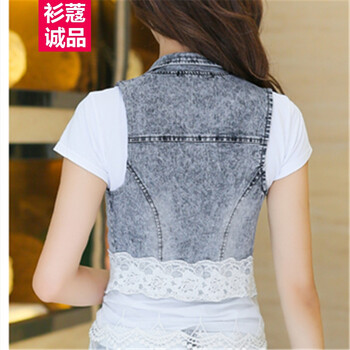 衫蔻诚品 春夏韩版蕾丝拼接女牛仔半身裙套装短袖短裙三件套 黑色 S