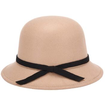 诚顺欣春季新款毛呢礼帽女士帽子简约八字美饰女帽盆帽 卡其色