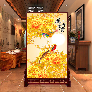 定制皮革座屏 中式书房酒店屏风 玄关办公室摄影客厅隔断双面屏风 花开富贵2 120cm宽X180高 左右镂空
