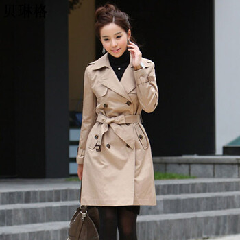贝琳格2015春装新款女式韩版外套双排扣修身经典款风衣 女 卡其色 S