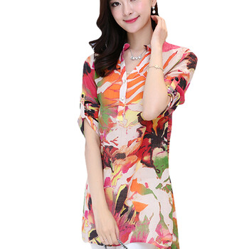 央金娜2015夏韩版新款宽松百搭中长款衬衫 女 棉麻印花衬衣打底雪纺衫XF1531 印花红 L