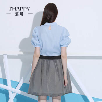 海贝衬衫女2016新款 立领泡泡袖女装衬衫女雪纺 蓝色 M