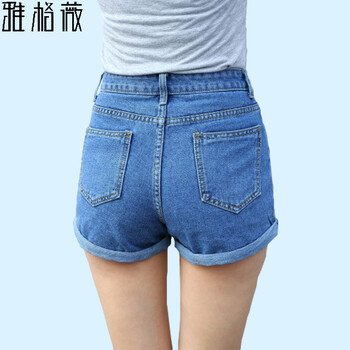 雅格薇夏新款牛仔短裤女 宽松大码阔腿胖mm翻边休闲高腰热裤306 蓝色 28码