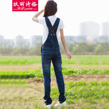 狄丽诗格 2015春夏装韩版潮新款大码休闲背带长裤连体裤连衣裤女装5035 蓝色 XL折扣价