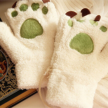 萌萌兔可爱熊掌暴爪毛绒手套冬季保暖情侣卡通爪子 白色