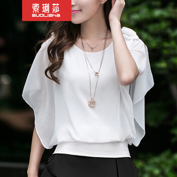 
                                        索琍莎2015新款春夏季装打底雪纺衫女夏短袖显瘦T恤纯色韩版宽松大码上衣（此款不赠送项 白色 L                