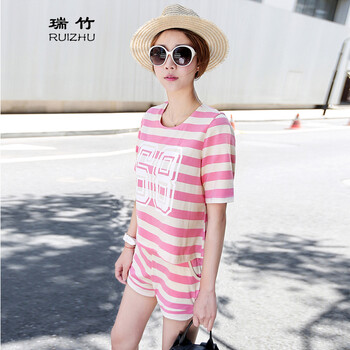 女夏韩版条纹短袖t恤女 纯棉短裤女夏季学生两件套装暑假小清新女装