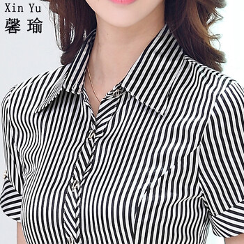 馨瑜XinYu 春季新款条纹短袖衬衫 OL通勤白领职业衬衣女 0327 黑色条纹衬衫 S