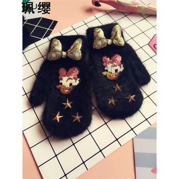 珮缨diy黛西米奇亮片手套双层加厚长兔毛手套可爱卡通蝴蝶结zh 黛西款