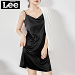 GOOMIL LEE打底裙女秋冬中长款内搭圆领衬裙防透吊带裙真丝缎面连衣裙 黑色 L