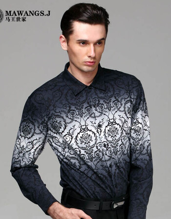 马王世家春装新款 长袖花衬衫男士衬衣修身上衣 3008 渐变蓝花纹 xxl