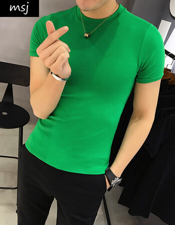 铭笙记之都紧身短袖t恤男舒适纯色圆领t恤简约休闲打底衫荧光绿l