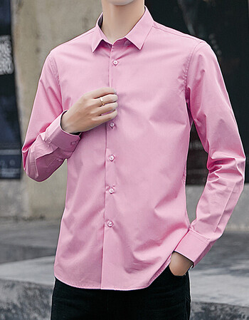 秋冬季男士修身长袖衬衫韩版商务男纯色衬衣 粉红色 m