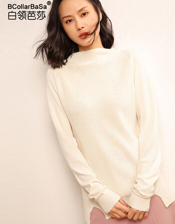 白领芭莎 羊绒衫女2018秋冬新款女装韩版宽松半高领套头毛衣女不规则