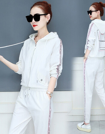 春季新品休闲套装女连帽开衫卫衣长裤小香风时尚运动服两件套004 白色