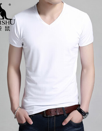 袋鼠短袖t恤男v领短袖纯棉t恤夏季新款休闲百搭打底衫体恤男装纯色