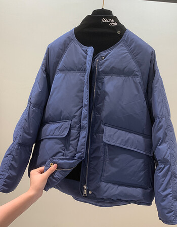 无领羽绒服女短款加厚欧货小个子轻薄年冬季新款面包服白鸭绒外套蓝色