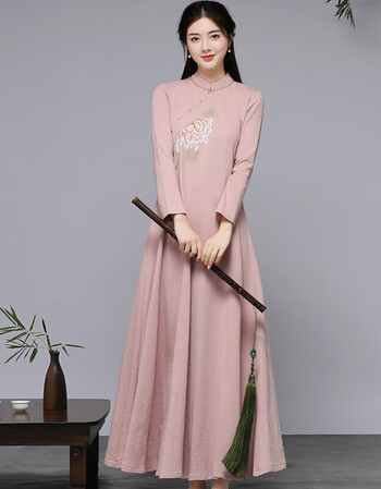 中式连衣裙旗袍中国风秋冬款茶服禅意禅服文艺长裙女装复古长袖改良网