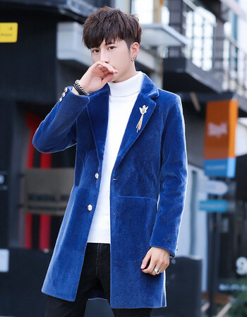 男风衣男士青年修身水貂绒外套毛呢大衣时尚中长款上衣小西装潮 蓝色