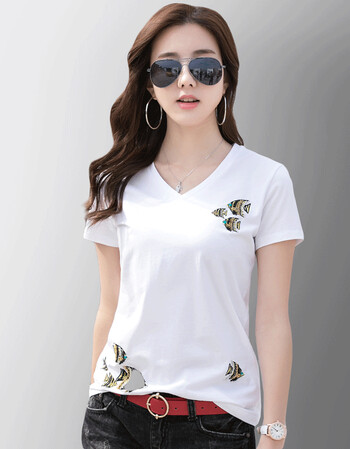 欧阿玛施旗品牌t恤女2019春夏新品纯色修身v领短袖女士打底t恤 白色 m