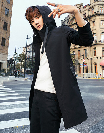 轩航 夹克男2018秋冬新款外套休闲男装风衣中长款连帽夹克男a 黑色 m