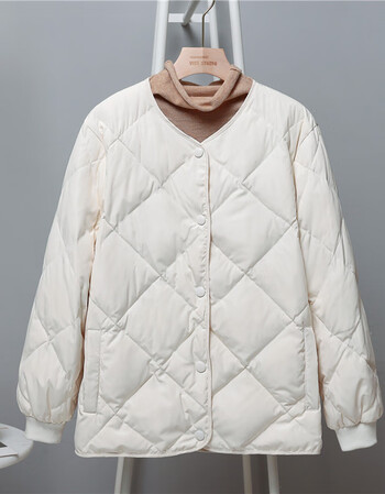 浪莎羽绒服女圆领轻薄短款新款宽松白鸭绒菱型格茧型无领外套小个子
