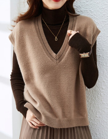 德玛纳拼色毛线背心简约女式背心女无袖驼色s