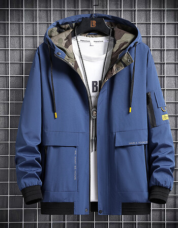 外套男秋冬加绒加厚秋季加肥加大码褂子工装连帽夹克胖子春秋上衣蓝色