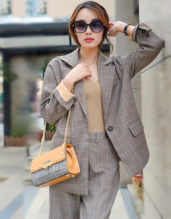 格子西装套装女款英伦风外套2018春秋新短款格纹休闲小西服 格子西装