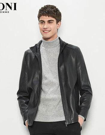 boni/堡尼商务男装皮衣外套短款真皮夹克男空松黑色甩帽羊皮春季 黑色