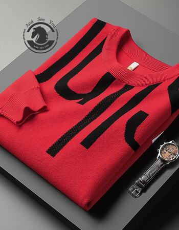 andseeyou潮牌毛衣男秋冬新款印花中国红线衣男圆领潮流时尚帅气套头