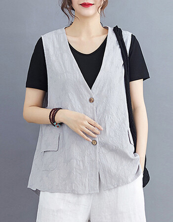 棉麻马甲小外套亚麻女装上衣薄短款开衫夏季无袖马夹单层坎肩背心灰色