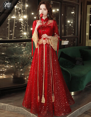 高档秀禾服新娘礼服嫁衣冬季新娘敬酒服新款结婚礼服女长款显气质秀禾服出阁中式回门裙ulh8113酒红色长款
