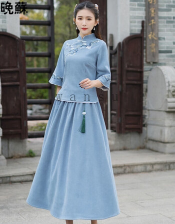 晚苏中国风套装女复古汉服女装茶服中式唐装民国改良旗袍连衣裙两件套