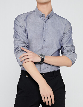 2018新款英伦潮男韩版修身商务绅士纯色休闲衬衫 灰色 m