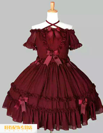 2019吊带洛丽塔裙lolita洋装 蝴蝶结一字领雪纺短袖绑带连衣裙 酒红色
