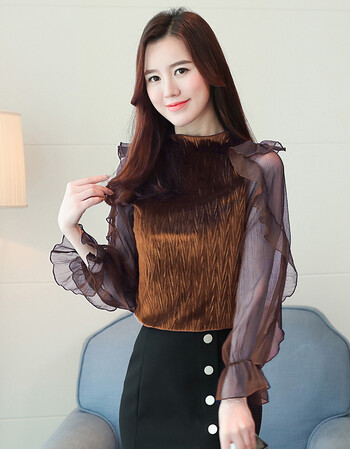 2018秋装新款韩版女士百搭气质小衫时尚长袖网纱打底衫雪纺衫衬衫