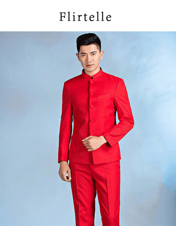 flirtelle中山装男士套装休闲中式时尚修身演出服 红色 s