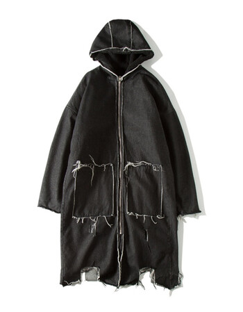 【新品促销】长款棉服男过膝外套冬装青少年嘻哈棉衣时尚割破烂加长版