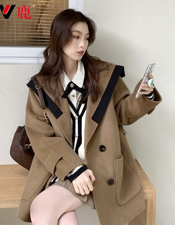雅鹿毛妮子外套女学院风海军领秋冬季21新款小个子日系短款呢子大衣