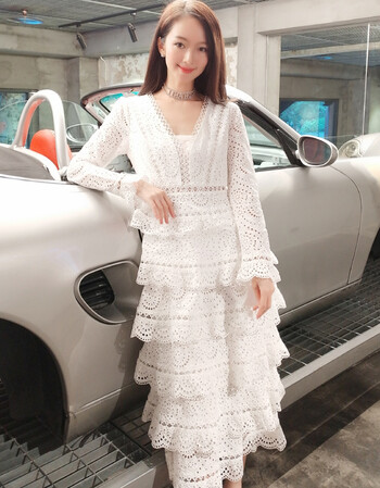 领镂空长袖连衣裙 2018秋季新款名媛气质修身蛋糕裙礼服长裙 白色长裙